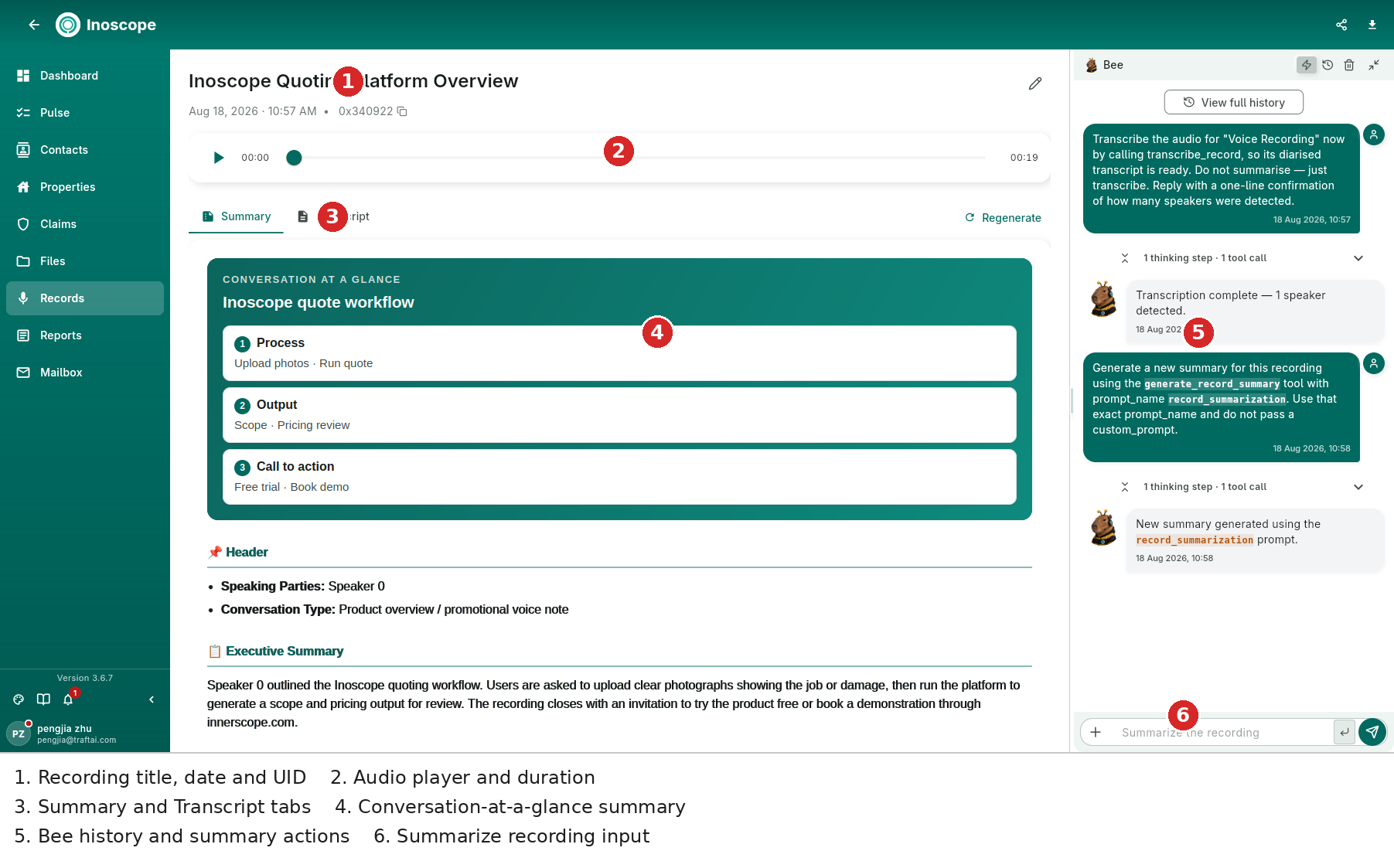 Recording detail — audio player, Summary tab, conversation-at-a-glance summary and Bee history