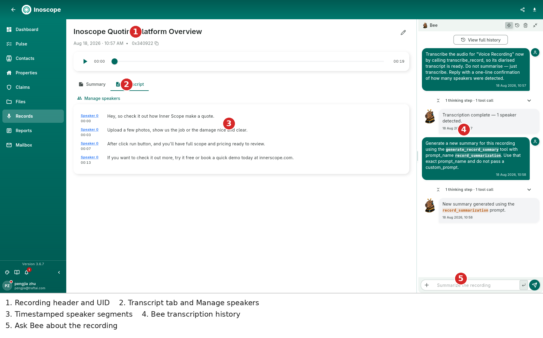 Transcript — Manage speakers and timestamped speaker segments beside Bee