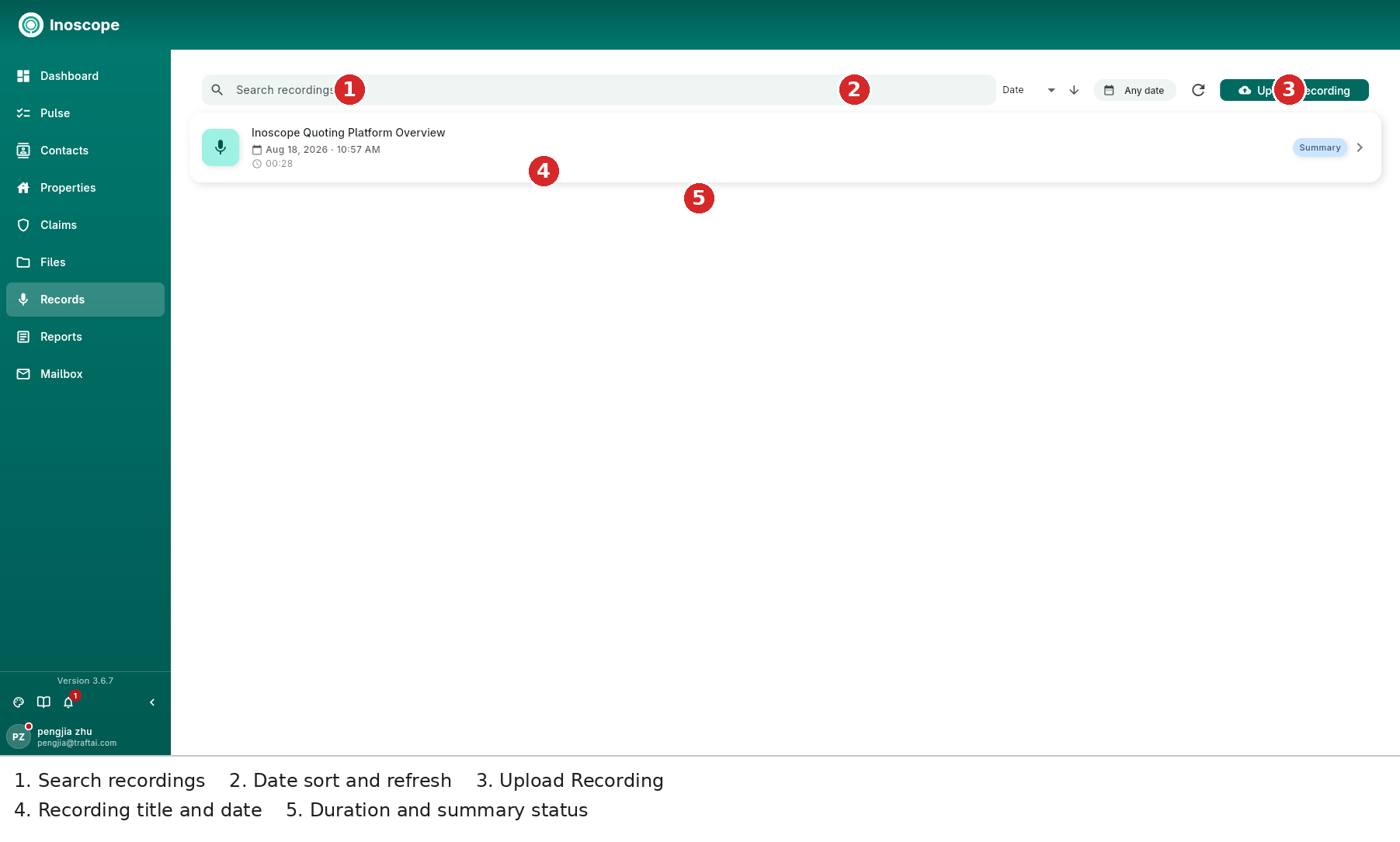 Records — a recording with search, date sorting, refresh and Upload Recording