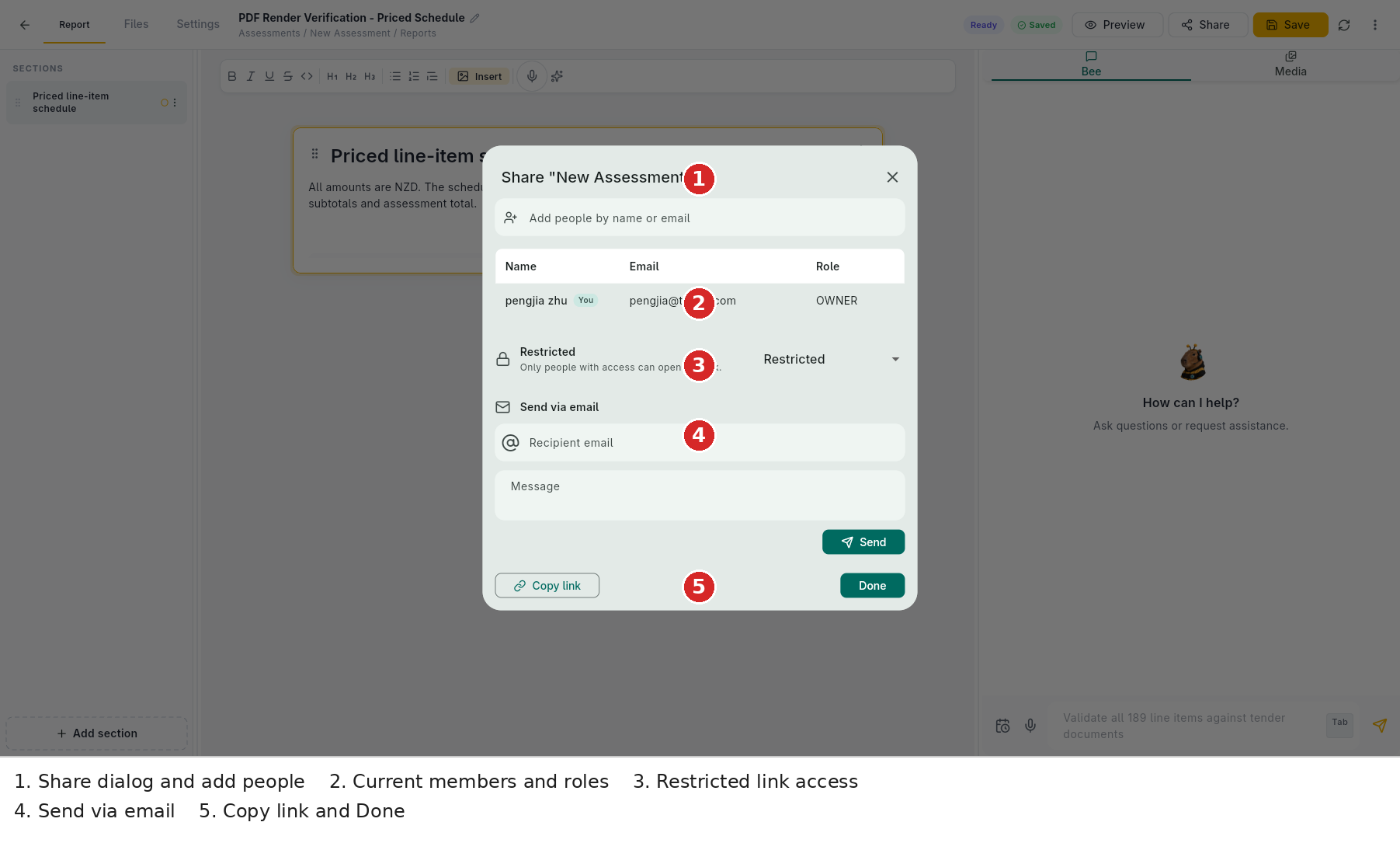 Report Share dialog — add people, roles, restricted access, email sharing, Copy link and Done