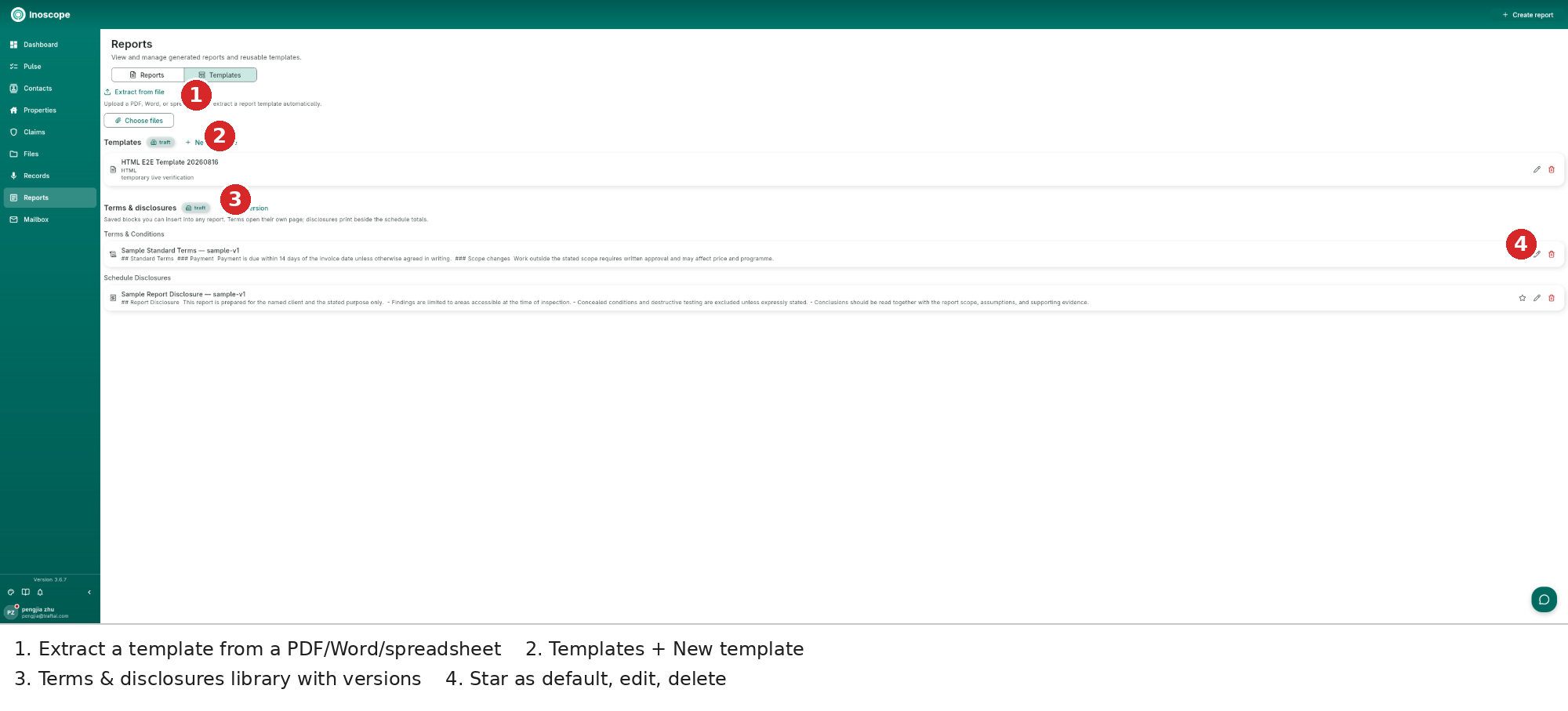 Templates — extract from file, template library and terms/disclosures