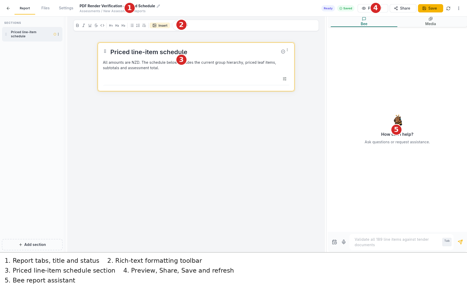 Report editor — Report/Files/Settings tabs, rich-text toolbar, priced schedule section, Preview, Share and Save