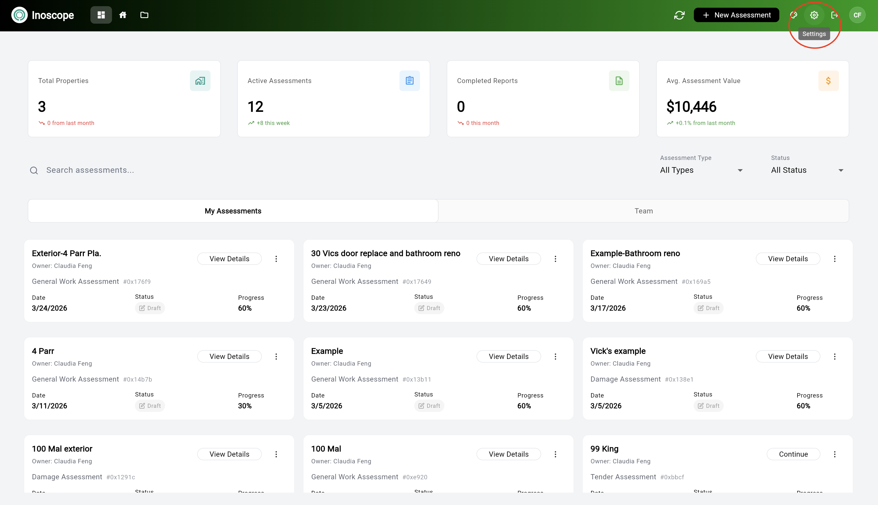 Dashboard — Settings icon highlighted in the top-right header