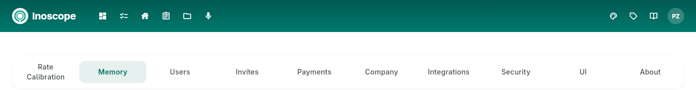Settings — top navigation and tab strip showing all settings sections