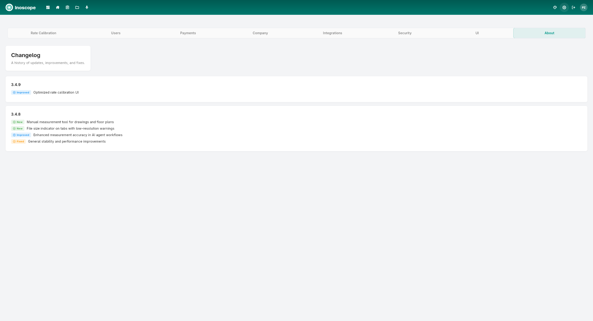 Settings — About tab showing changelog