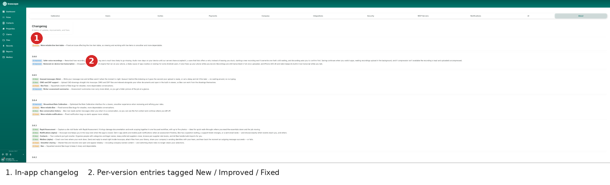 About — the changelog with per-version tagged entries