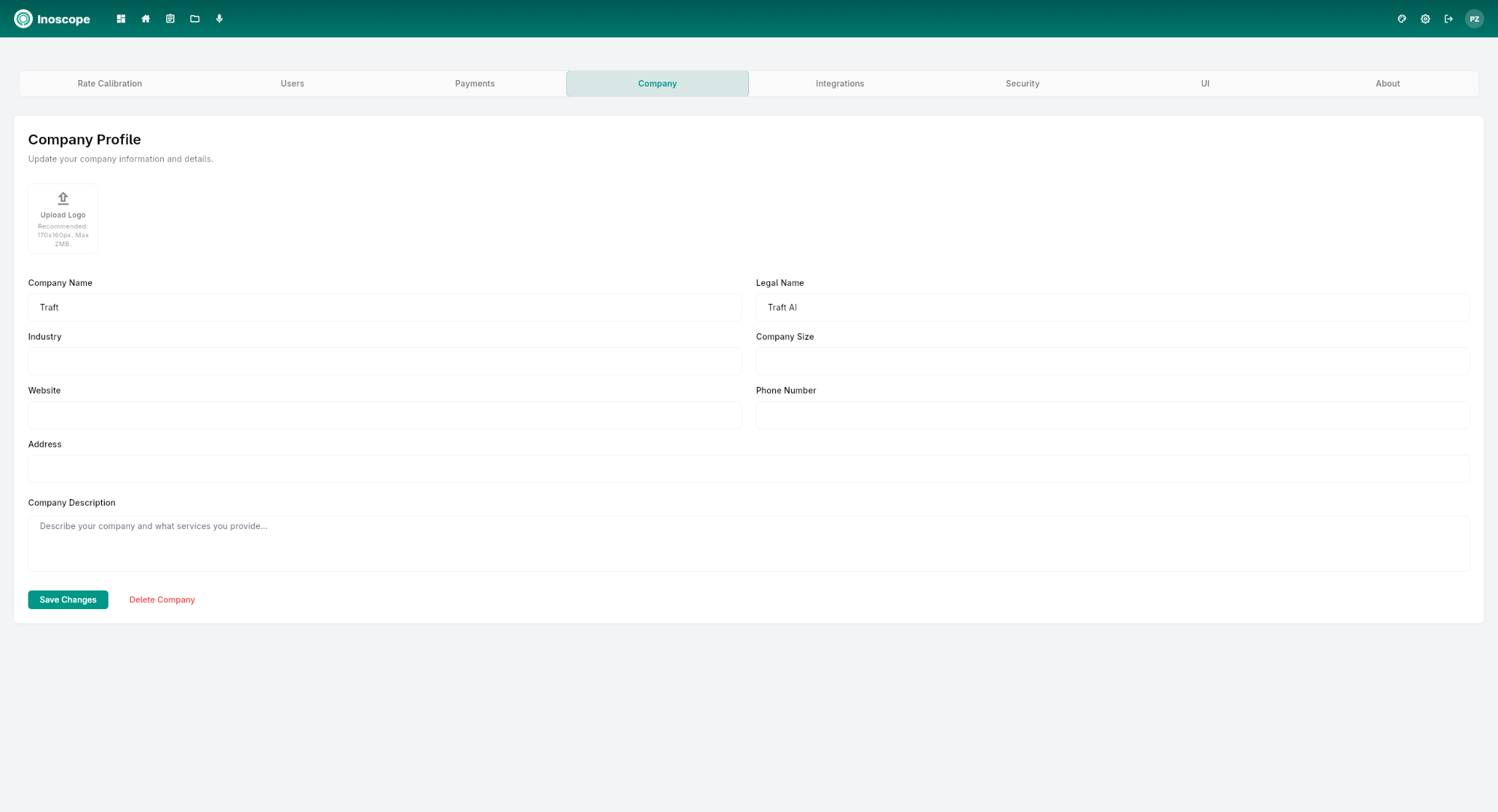 Settings — Company tab