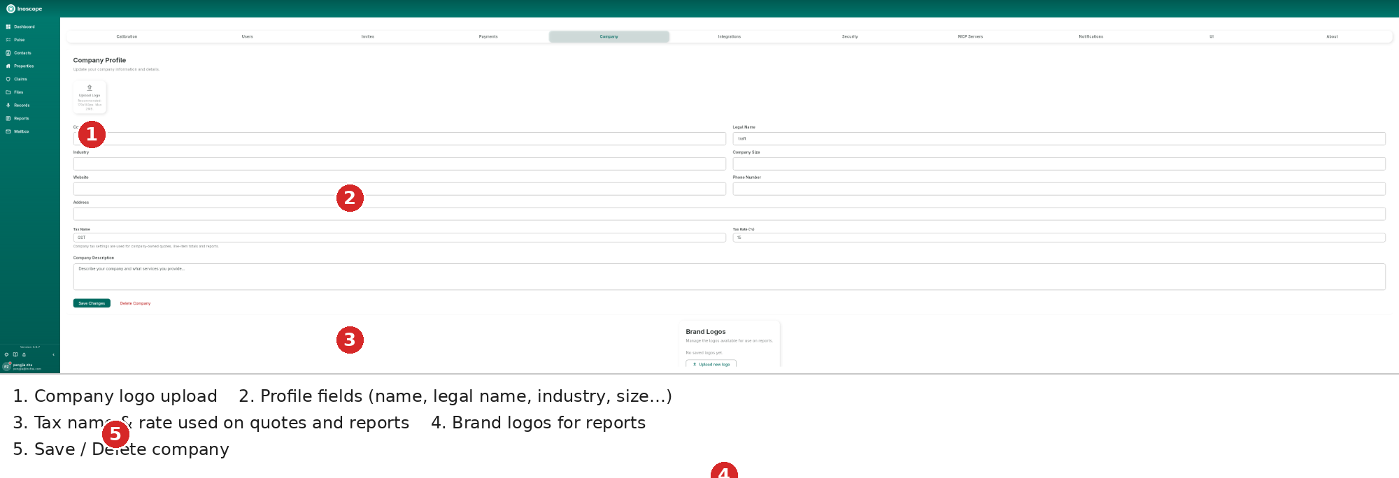 Company — logo upload, profile fields, tax name & rate, brand logos for reports, save/delete