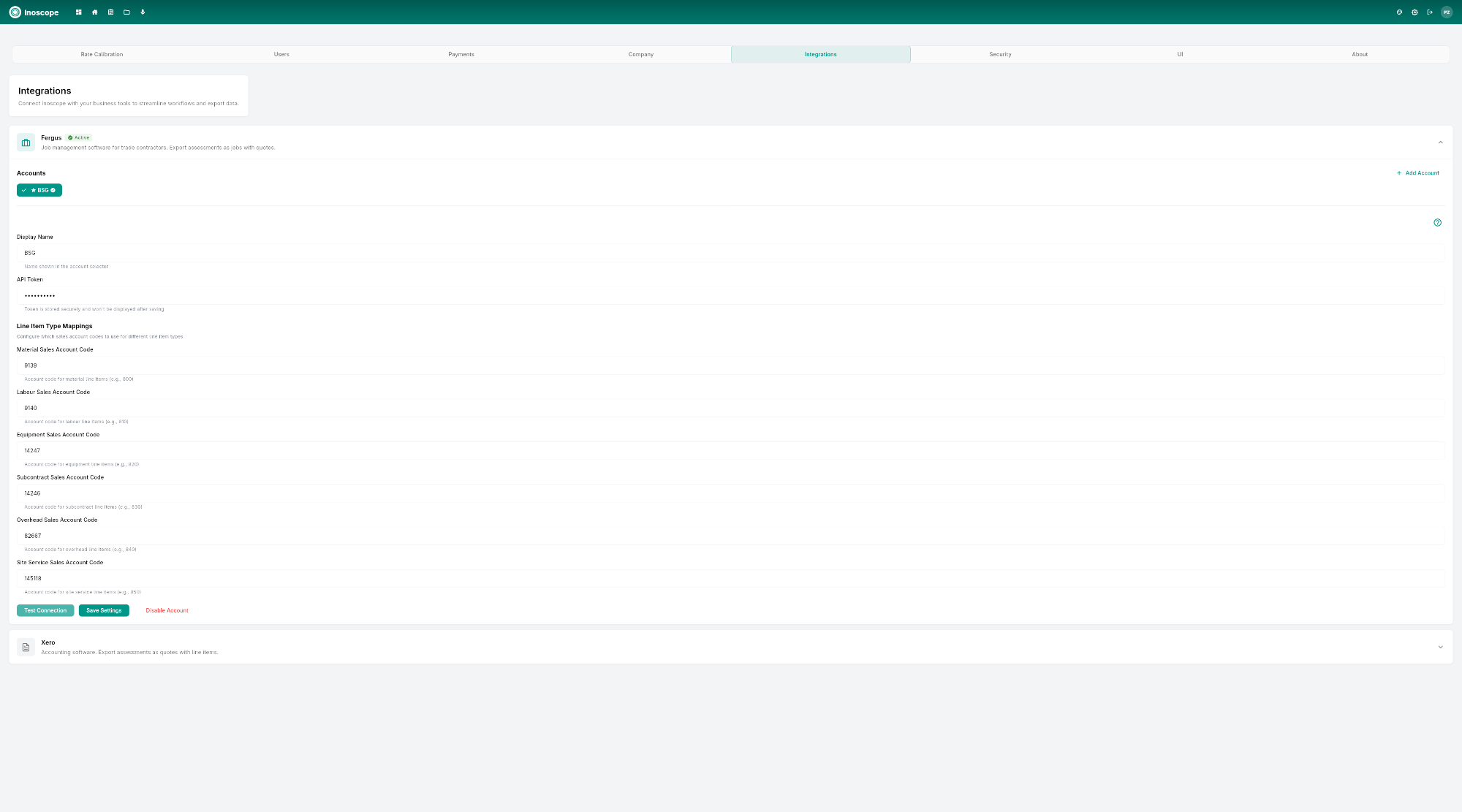 Settings — Integrations tab showing Fergus (Active) with account code configuration