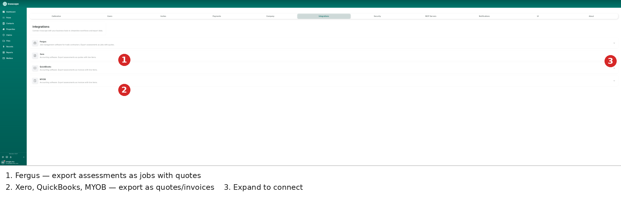 Integrations — Fergus, Xero, QuickBooks and MYOB connectors