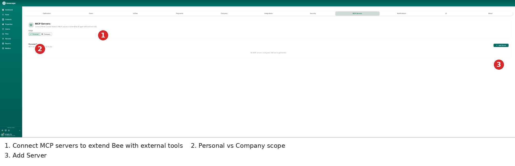MCP Servers — description, Personal/Company scope, Add Server