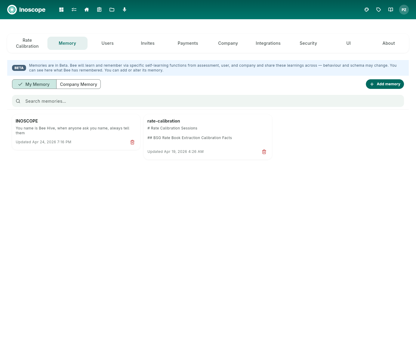 Settings — Memory tab with My Memory / Company Memory toggle
