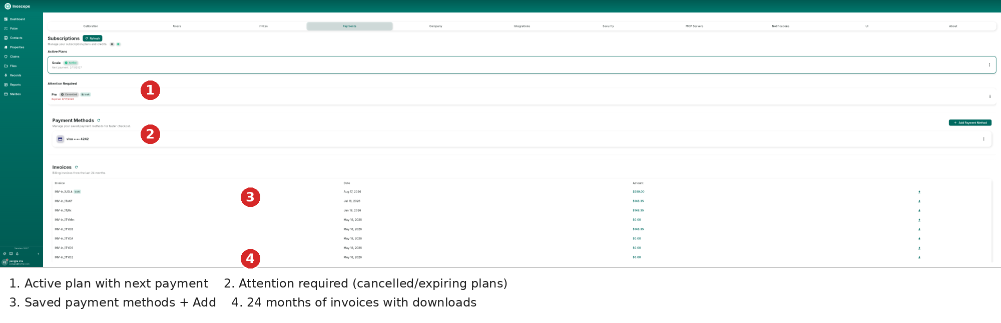 Payments — active plan, attention required, payment methods with Add, and the invoice history with downloads