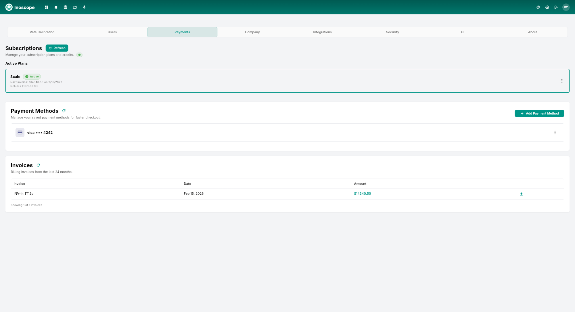 Settings — Payments tab showing subscription and billing