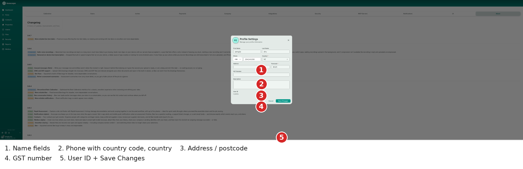 Profile Settings dialog — names, phone with country code, country, address, GST number, description, user ID and save