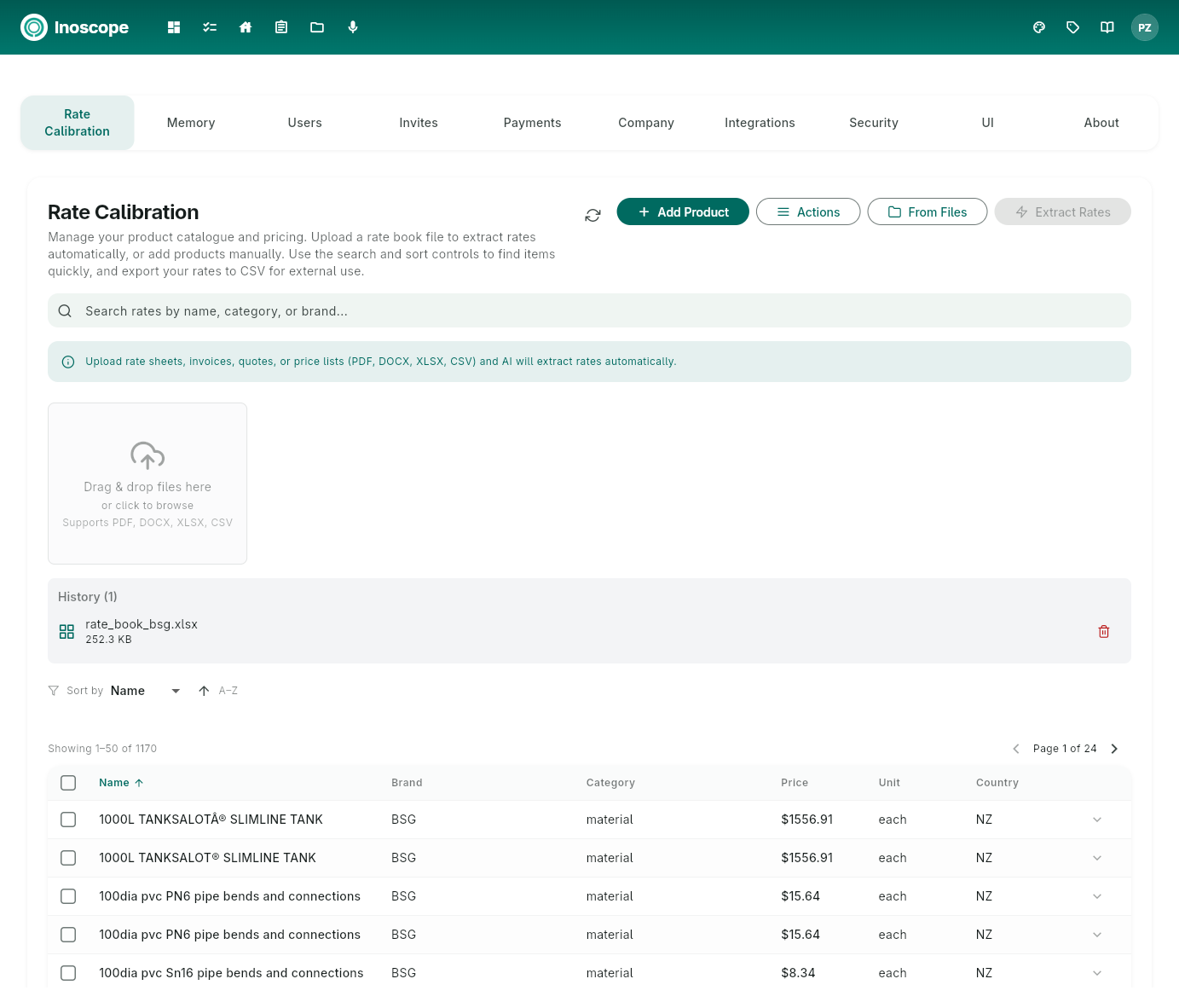 Settings — Rate Calibration tab with uploaded rate book and product list
