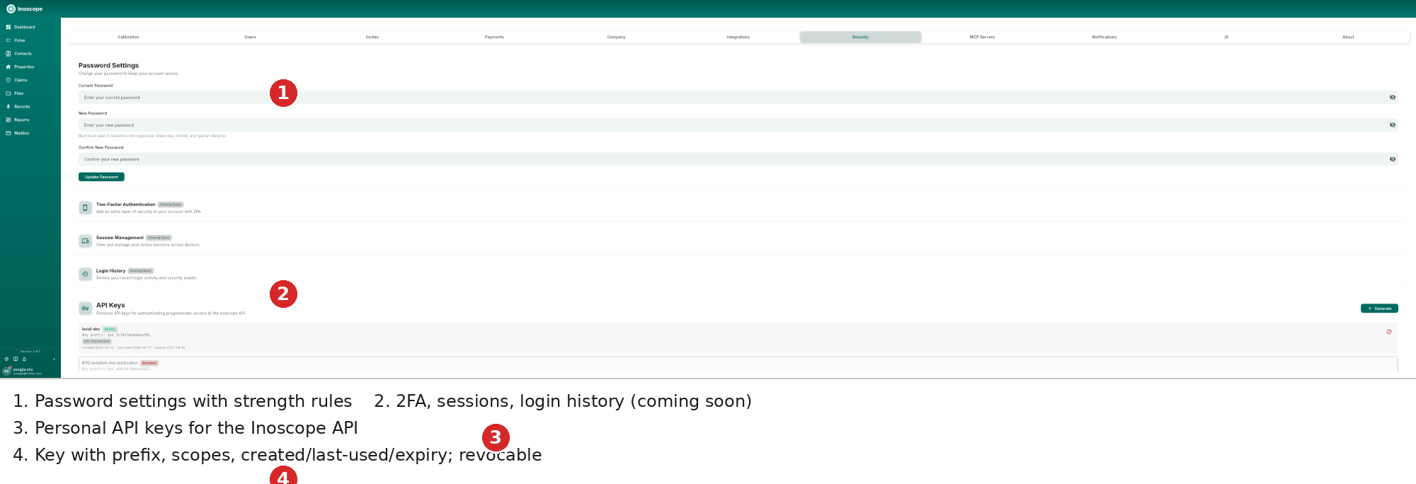 Security — password settings, coming-soon 2FA/sessions/login history, and personal API keys with scopes and revocation