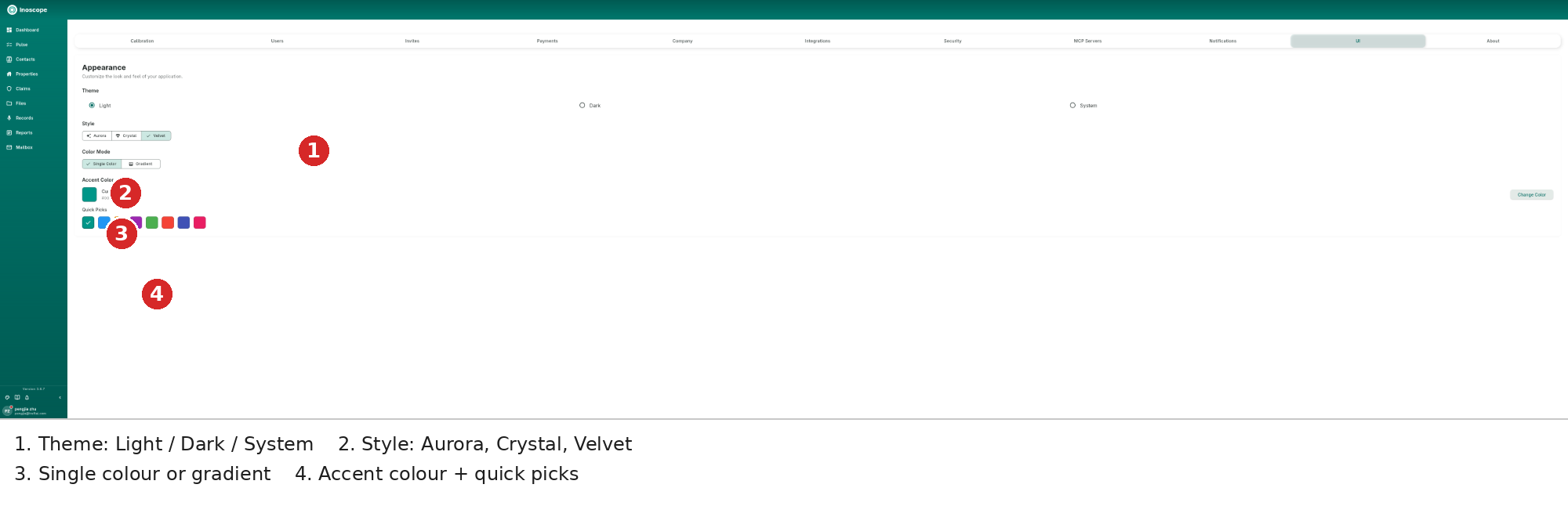 UI settings — theme, style, colour mode, accent colour and quick picks
