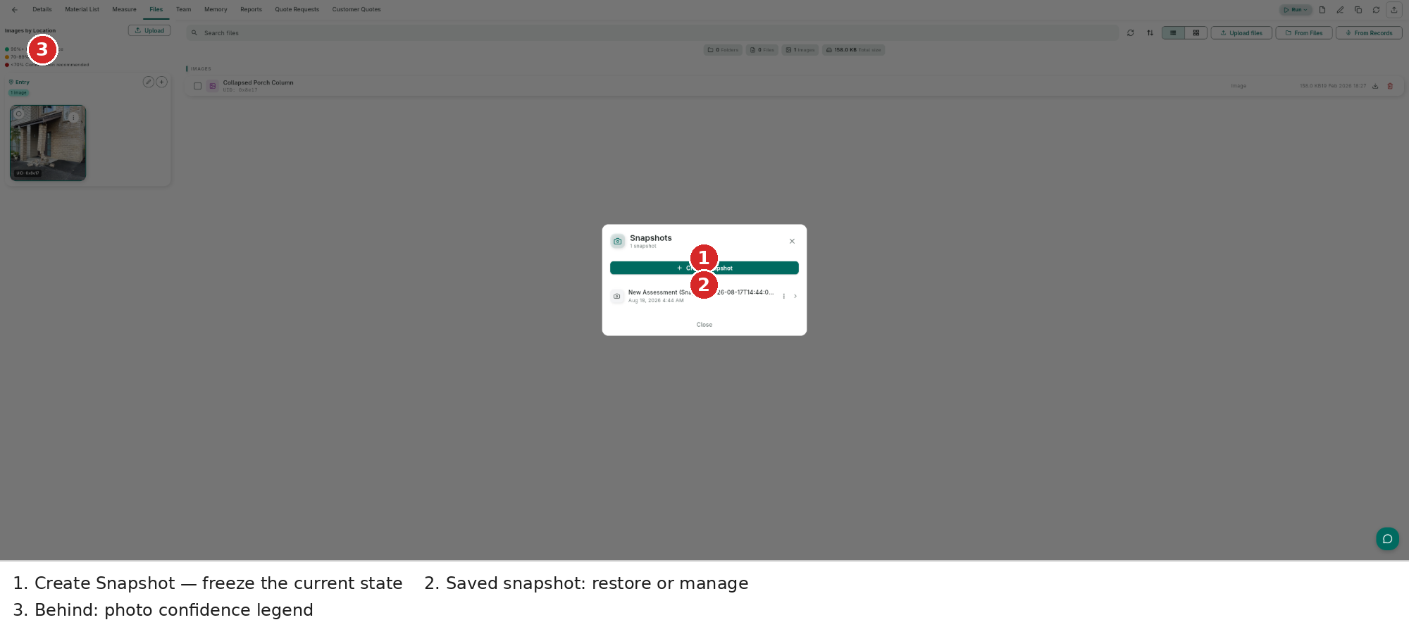 Snapshots dialog — create, restore and manage assessment states