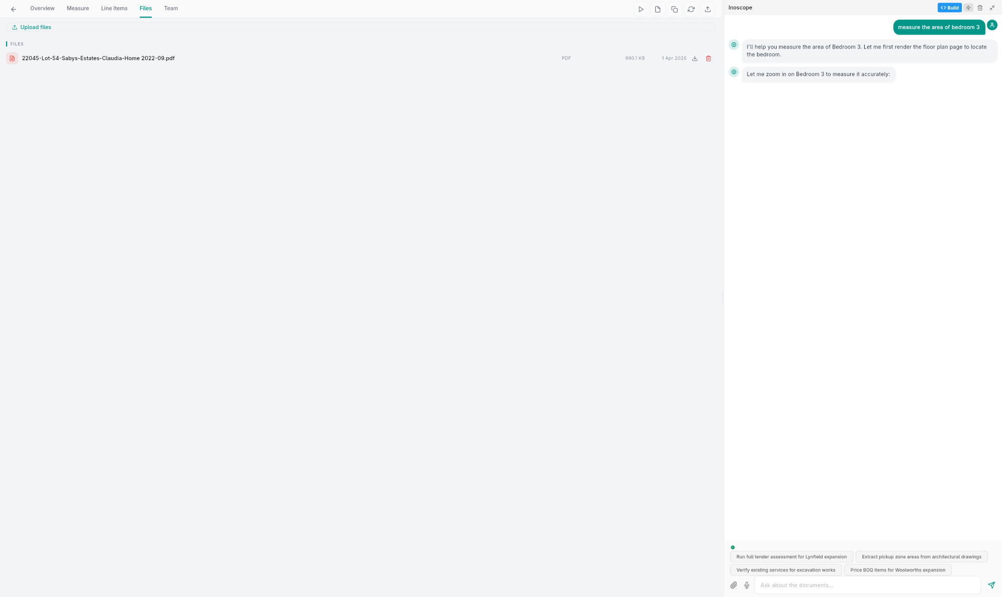 Tender assessment — Files tab listing uploaded documents with type, size, and upload date