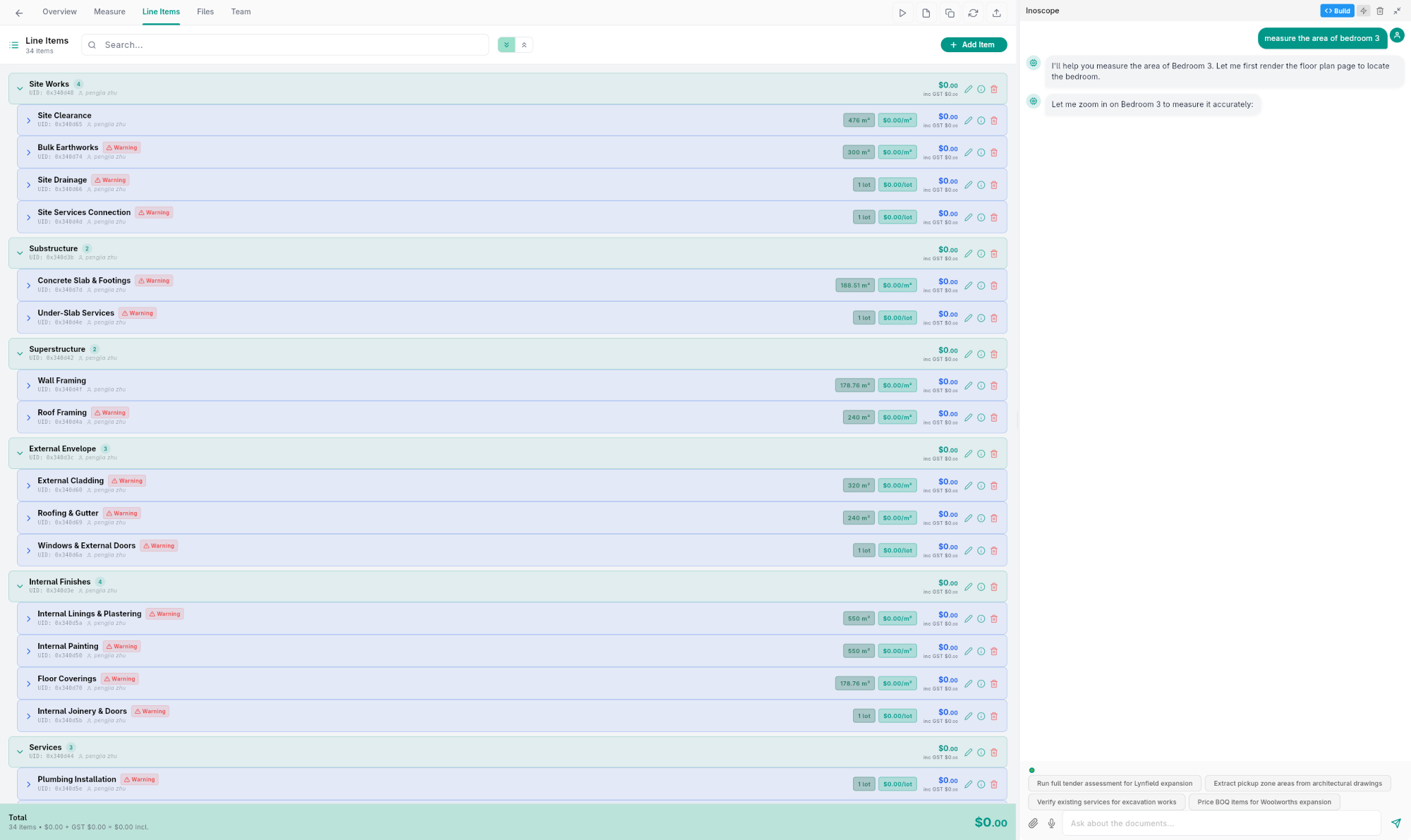 Tender assessment — Line Items tab showing hierarchical cost breakdown with groups and leaf items