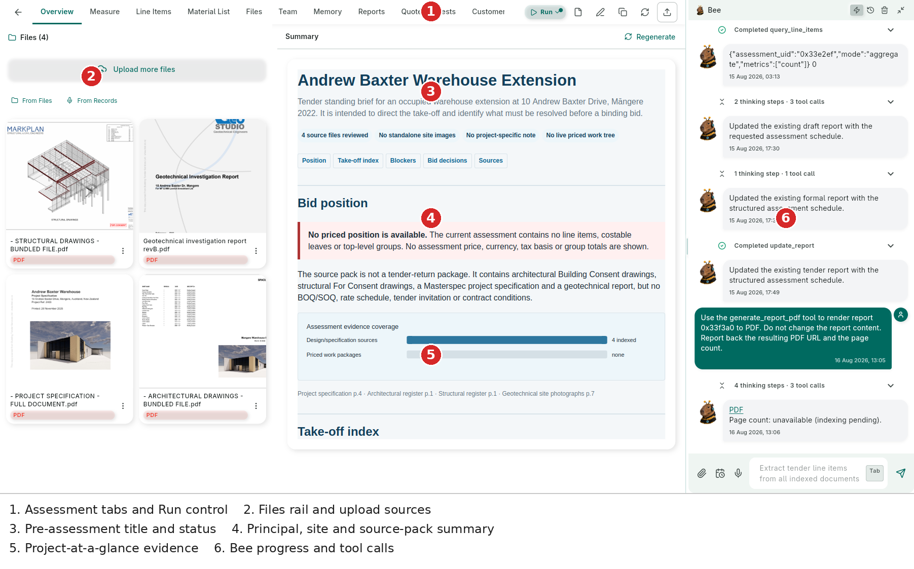 Tender workspace — files rail, ten tabs, Run control, structured pre-assessment summary and Bee