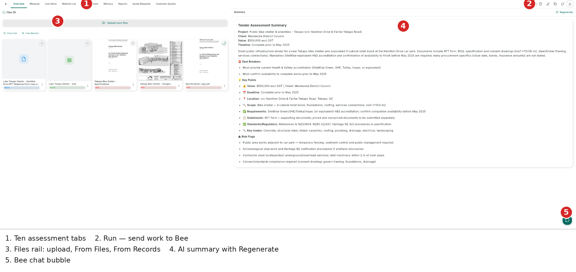 Tender Overview — ten tabs, Run, the file rail, and the structured AI summary with Regenerate