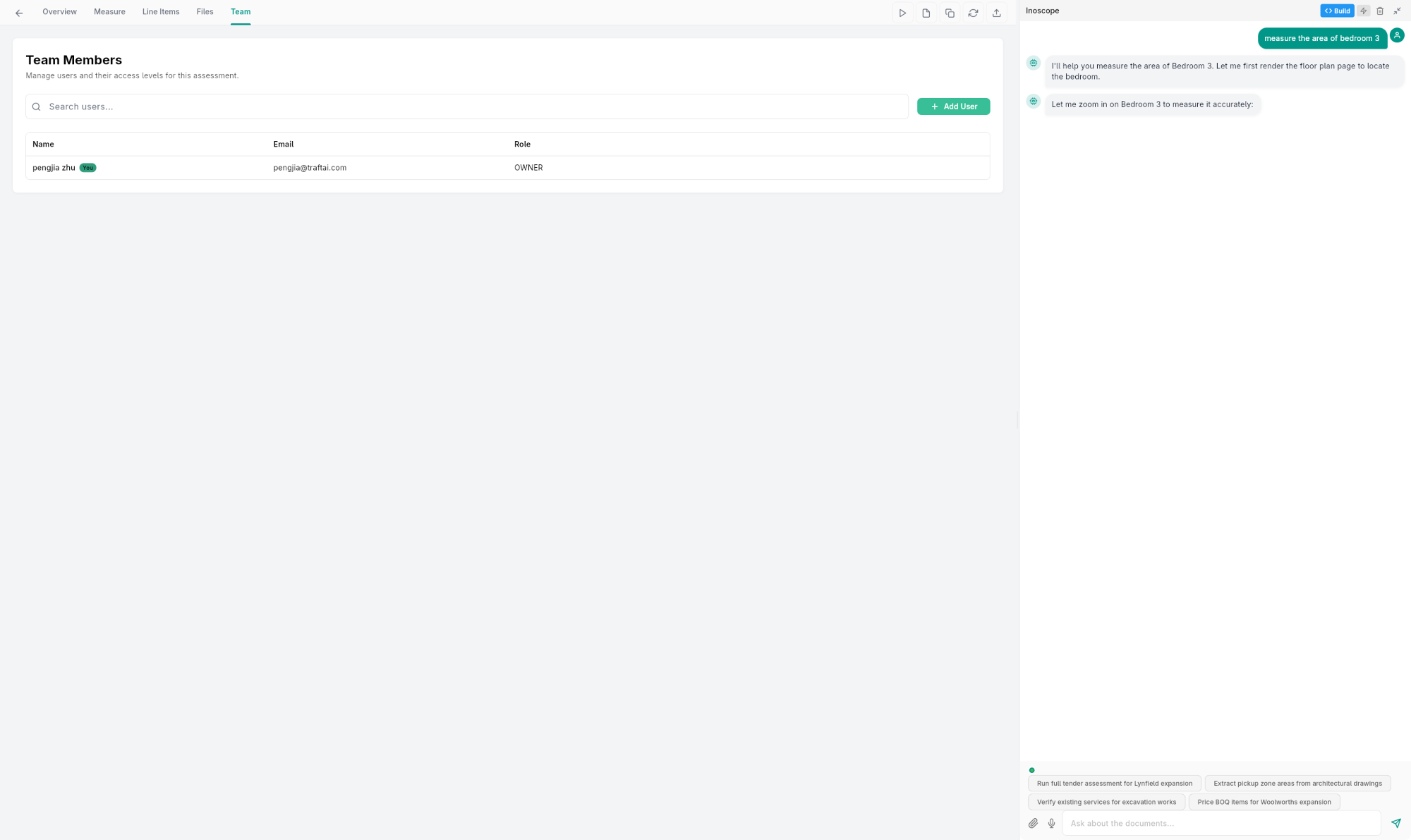 Tender assessment — Team tab showing members list with Name, Email, and Role columns