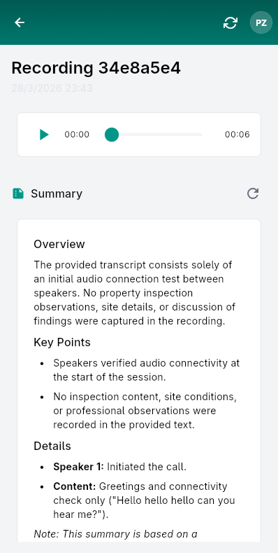 Recording detail page showing audio player, AI summary, and transcript