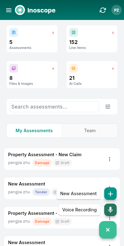 Floating action button expanded showing Voice Recording option