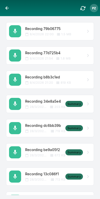 Records page showing all saved voice recordings