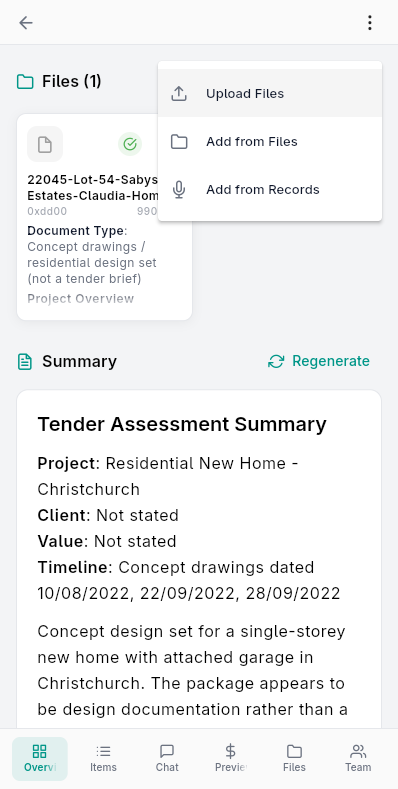 Tender Assessment — Add from Records popup menu
